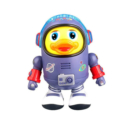 Toy duck robot with a space helmet on a white background