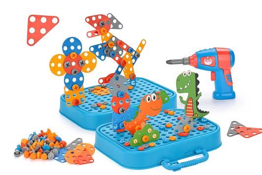 Children's building toy set with colorful components and a drill on a white background